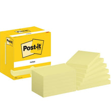 A yellow box of 3M Deutschland GmbH Post-it® Notes (76 mm x 127 mm, 100 sheets/block, 12 blocks/carton, yellow) is pictured next to nine individual stacks of yellow Post-it blocks in a row.