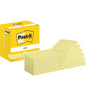 A yellow box of 3M Deutschland GmbH Post-it® Notes (76 mm x 127 mm, 100 sheets/block, 12 blocks/carton, yellow) is pictured next to nine individual stacks of yellow Post-it blocks in a row.