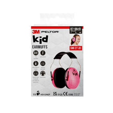 Front side of a 3M™ PELTOR™ earmuff for children packaging by 3M Deutschland GmbH with details about pink earmuffs, noise reduction, age suitability, lightweight, and comfortable ear cushions.