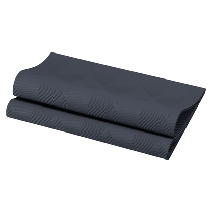 A folded napkin in dark gray with a subtle geometric pattern from Duni GmbH exudes elegance with its shimmering appearance.