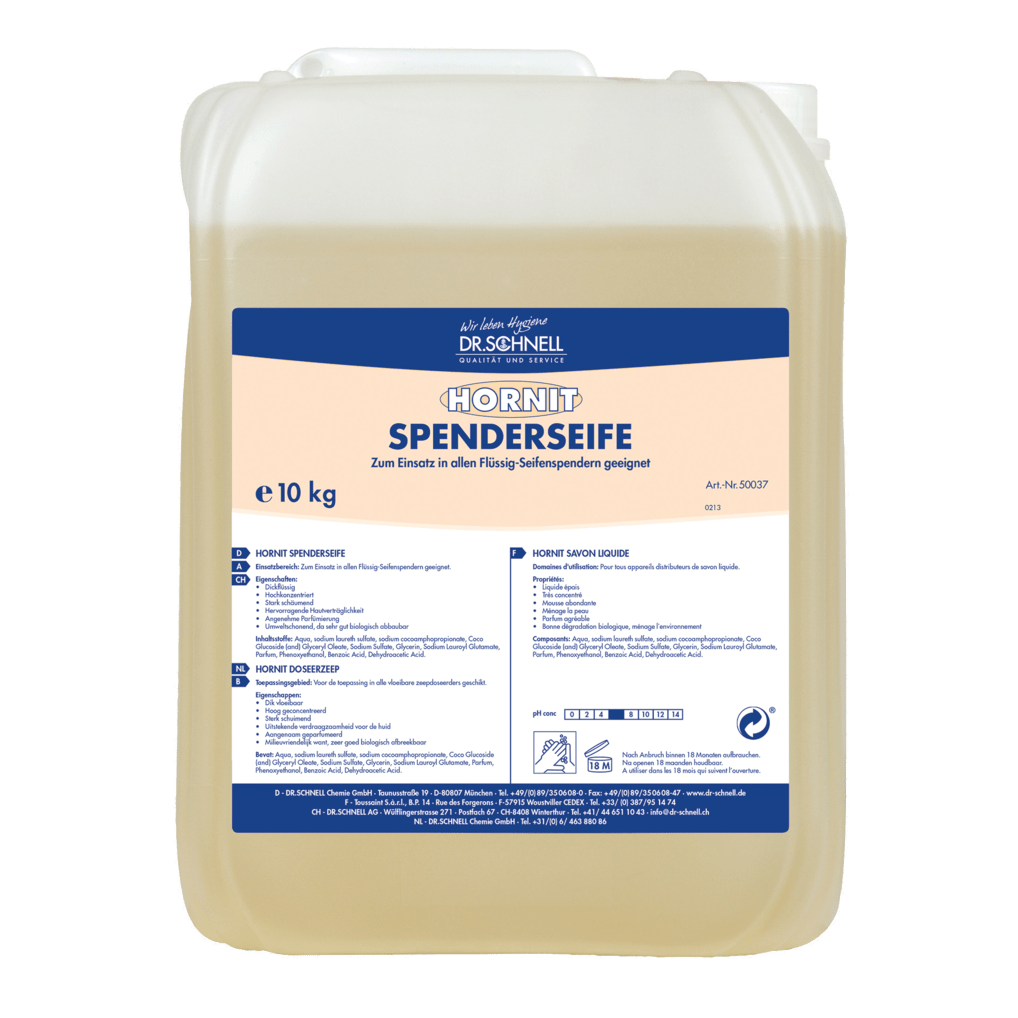 A 10-liter canister made of translucent plastic from DR.SCHNELL GmbH & Co. KGaA HORNIT dispenser soap hand wash lotion with a blue-white label and carrying handle ensures gentle cleaning of the skin and a subtle fragrance for daily use.