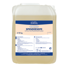 A 10-liter canister made of translucent plastic from DR.SCHNELL GmbH & Co. KGaA HORNIT dispenser soap hand wash lotion with a blue-white label and carrying handle ensures gentle cleaning of the skin and a subtle fragrance for daily use.
