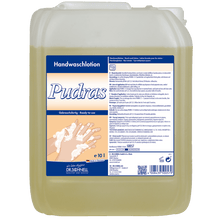 DR.SCHNELL PUDRAS hand washing lotion for dispenser systems in a 10-liter canister made of transparent plastic with a blue-white label; the light yellow, pleasantly scented lotion gently cleanses the skin. Brand: DR.SCHNELL GmbH & Co. KGaA.