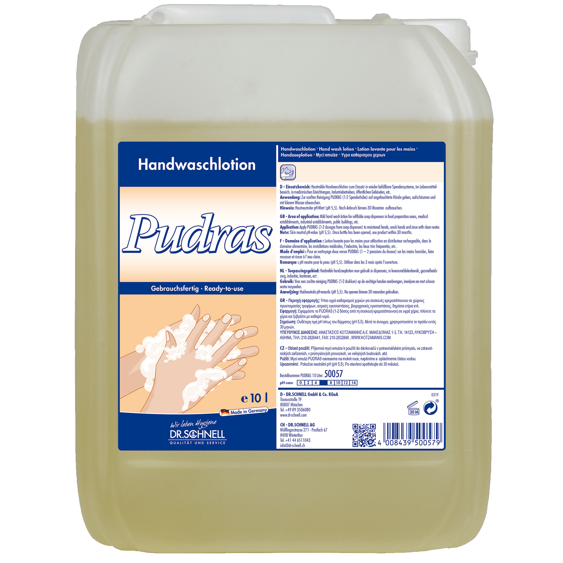The 10-liter Dr. Schnell PUDRAS fragrance-free and dye-free from DR.SCHNELL GmbH & Co. KGaA is hypoallergenic, gentle on the skin, and comes in a blue-white labeled container with usage instructions and hand washing images.
