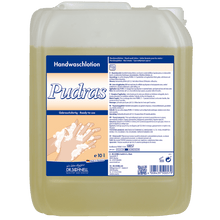 The 10-liter Dr. Schnell PUDRAS fragrance-free and dye-free from DR.SCHNELL GmbH & Co. KGaA is hypoallergenic, gentle on the skin, and comes in a blue-white labeled container with usage instructions and hand washing images.