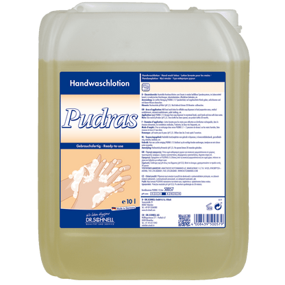 The 10-liter Dr. Schnell PUDRAS fragrance-free and dye-free from DR.SCHNELL GmbH & Co. KGaA is hypoallergenic, gentle on the skin, and comes in a blue-white labeled container with usage instructions and hand washing images.