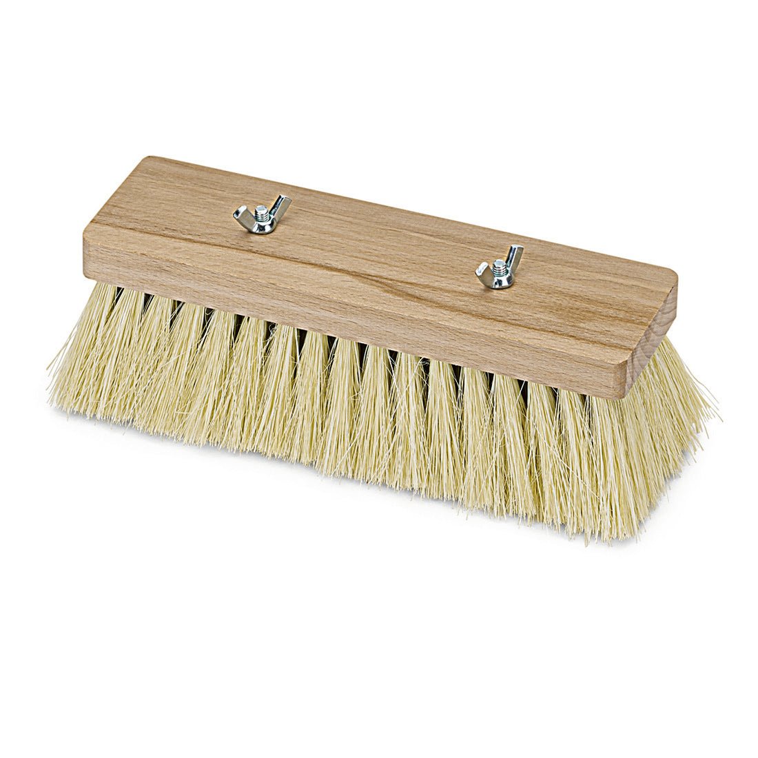 The Nölle Profi-Bürste Bitumen brush is a rectangular flat wood push broom with stiff, light Thermo-PET bristles and a wooden block attachment with 2 wing screws for handle attachment. Brand: Nölle Profi Brush Bürsten- & Pinseltechnik e.K.