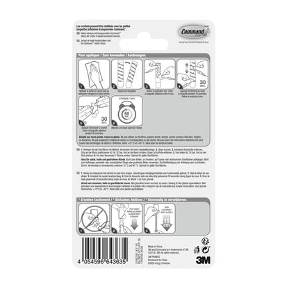 On the back of the Command™ stainless steel metal hook size S, 17031SS-4ES (4 hooks, 5 strips) from 3M Deutschland GmbH, there is a multilingual instruction with diagrams, barcode, safety instructions, tips for wall organization, and the 3M logo.