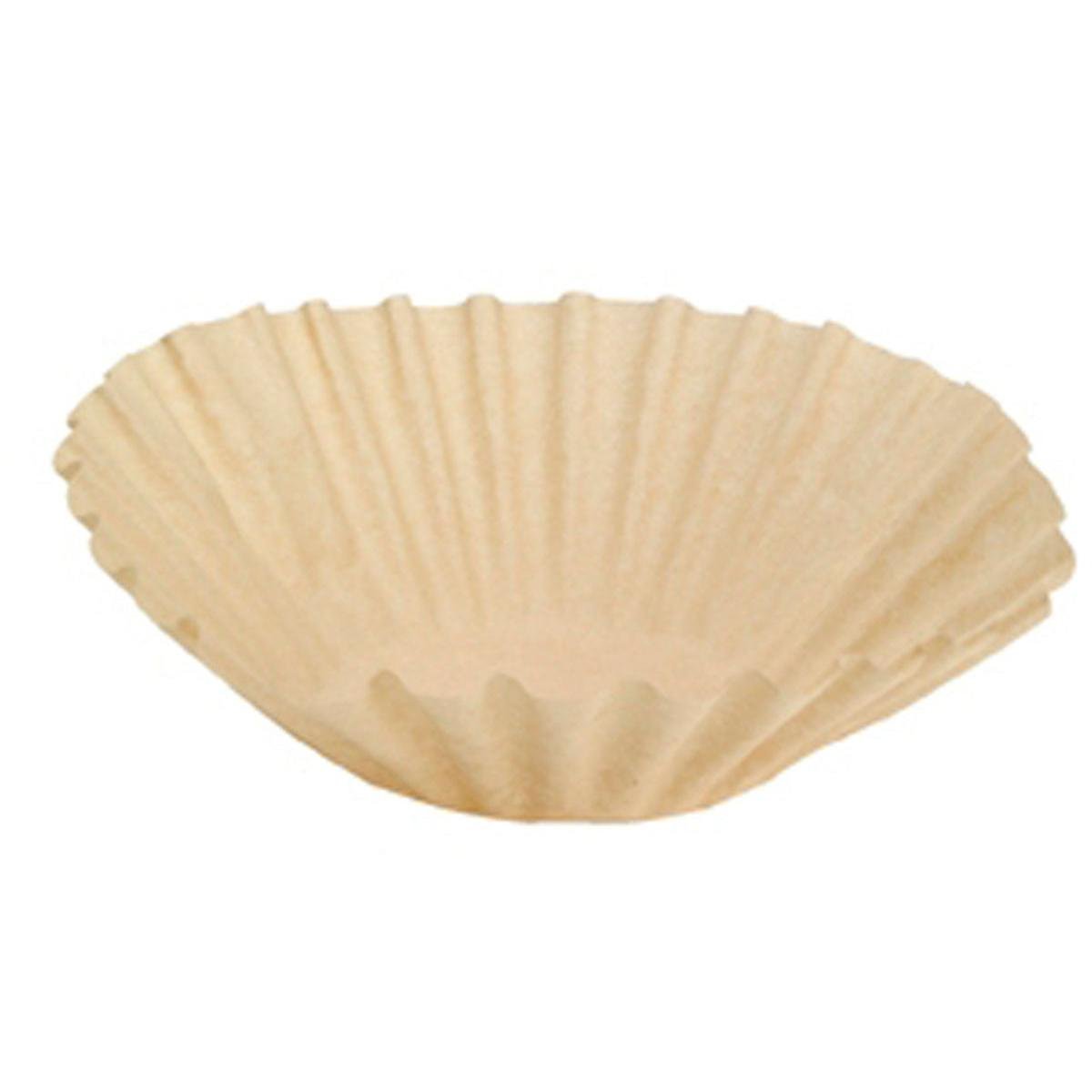 A single Duni GmbH coffee filter Brewmatic, 1.8 l, Ø110 mm made of brown paper (package: 250 pieces) is seen on a white background. The unused filter has fluted sides and a flat bottom - ideal for fresh coffee enjoyment.