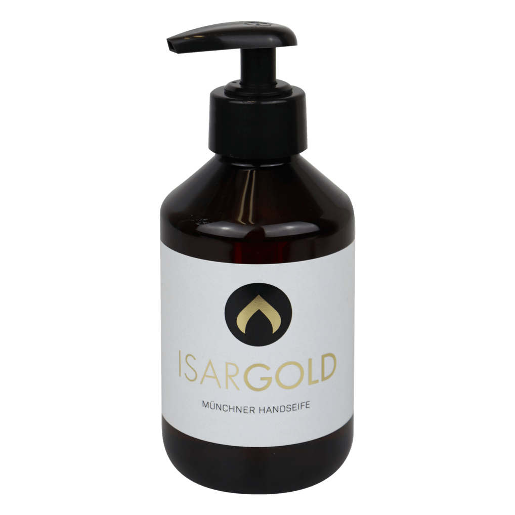 A dark brown 250 ml plastic pump bottle of Dr. Schnell ISARGOLD hand soap, Munich quality, from DR.SCHNELL GmbH & Co. KGaA, with a white label and black-gold logo, ideal for personal hygiene and sensitive skin.