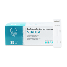 A box of Strep A - Bisaf Professional 25 Tests by Altruan is shown next to a white rapid test device labeled "Strep A Rapid Test" with the sections "C" and "T." The package contains 25 tests for Group A streptococcal throat swabs.