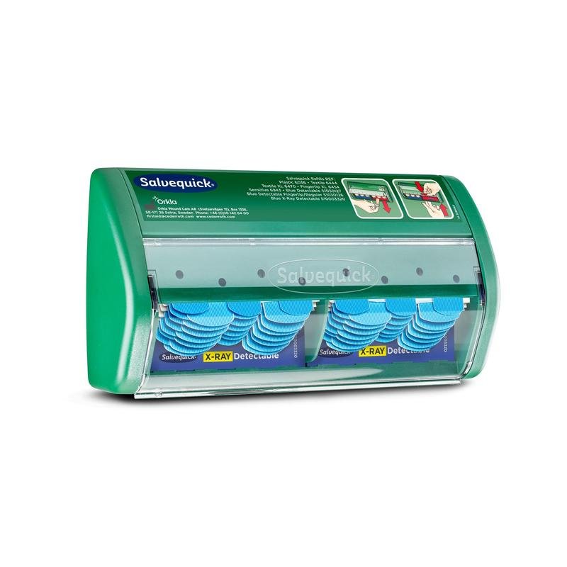 A green Salvequick X-ray detectable plaster dispenser from Orkla Wound Care AB, containing 2x30 plaster refills, is mounted on a white background, with the instructions for use printed on the top right of the dispenser.
