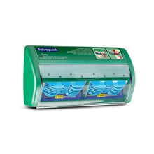 A green Salvequick X-ray detectable plaster dispenser from Orkla Wound Care AB, containing 2x30 plaster refills, is mounted on a white background, with the instructions for use printed on the top right of the dispenser.