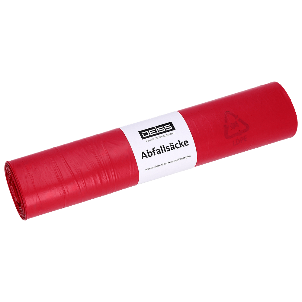 Red EMIL DEISS KG (GmbH + Co.) garbage bags Type 20, 70 l, HDPE, 575x1000 mm, rolled, with white "DEISS Garbage Bags" label and recycling symbol on a white background.