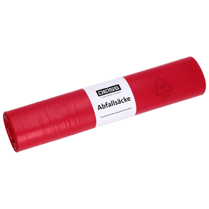 Red EMIL DEISS KG (GmbH + Co.) garbage bags Type 20, 70 l, HDPE, 575x1000 mm, rolled, with white "DEISS Garbage Bags" label and recycling symbol on a white background.