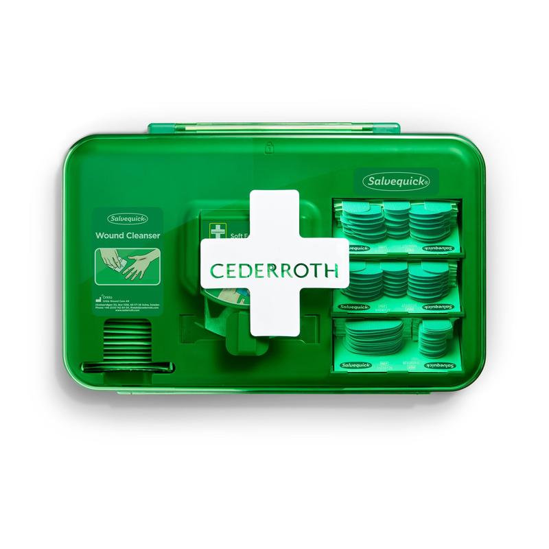 A blue Orkla Wound Care AB wound care dispenser (1 pack), containing wound care products and bandaging material, stands against a white background.