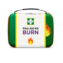A green-white first aid kit with the inscription "Cederroth first aid kit for burns" with flame symbols and a top handle. The brand name "Orkla Wound Care AB" is displayed above a green cross on the case.
