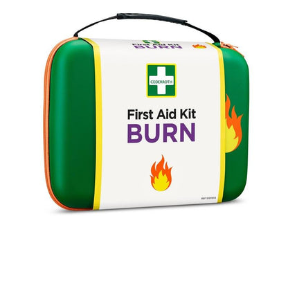 The green-white Cederroth First Aid Kit for Burns (package, 1 piece) by Orkla Wound Care AB has an orange zipper, the Cederroth logo, the inscription "First Aid Kit BURN" and flame images on the front.