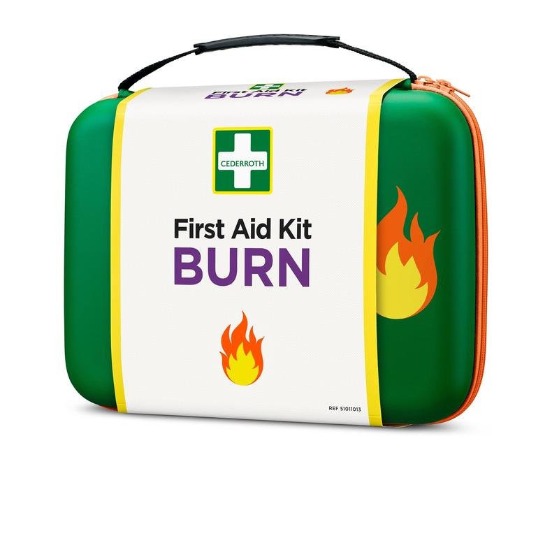 A green-white "Cederroth first aid kit for burns" by Orkla Wound Care AB, with flame symbols, logo on the front, orange zipper, and black handle. Package (1 piece).