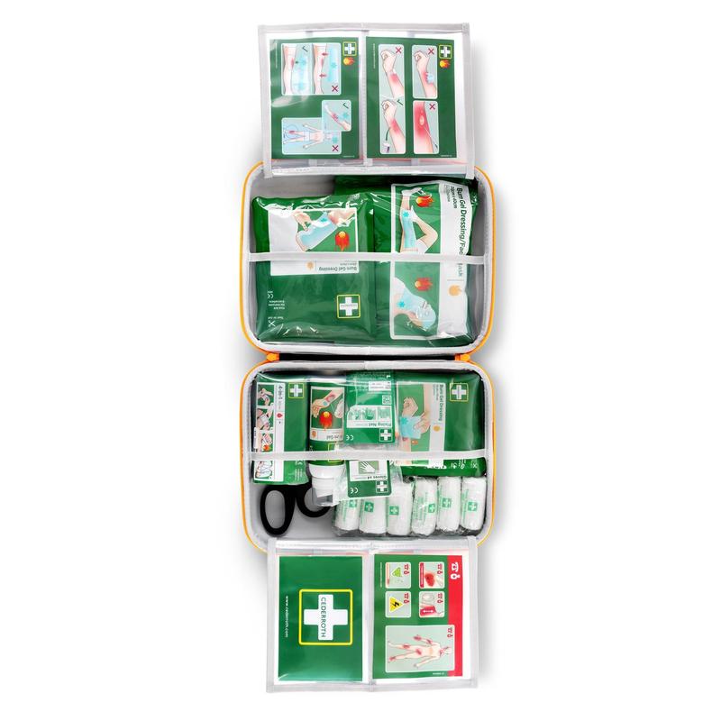 The Cederroth first aid kit for burns by Orkla Wound Care AB is opened and shows organized compartments with bandages, scissors, and instruction cards with visual guides at the top and bottom of the kit.