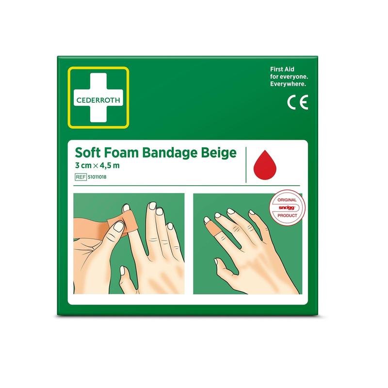 A green box with the label "Cederroth soft foam bandage beige 3x450cm | Package (1 piece)" from Orkla Wound Care AB, with instructions for finger bandaging, a red drop symbol, and the text: "First aid for everyone. Everywhere.