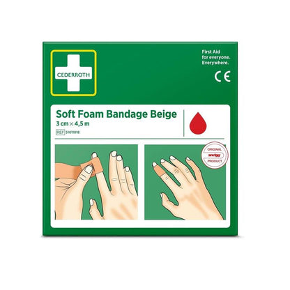 A green box with the label "Cederroth soft foam bandage beige 3x450cm | Package (1 piece)" from Orkla Wound Care AB, with instructions for finger bandaging, a red drop symbol, and the text: "First aid for everyone. Everywhere.