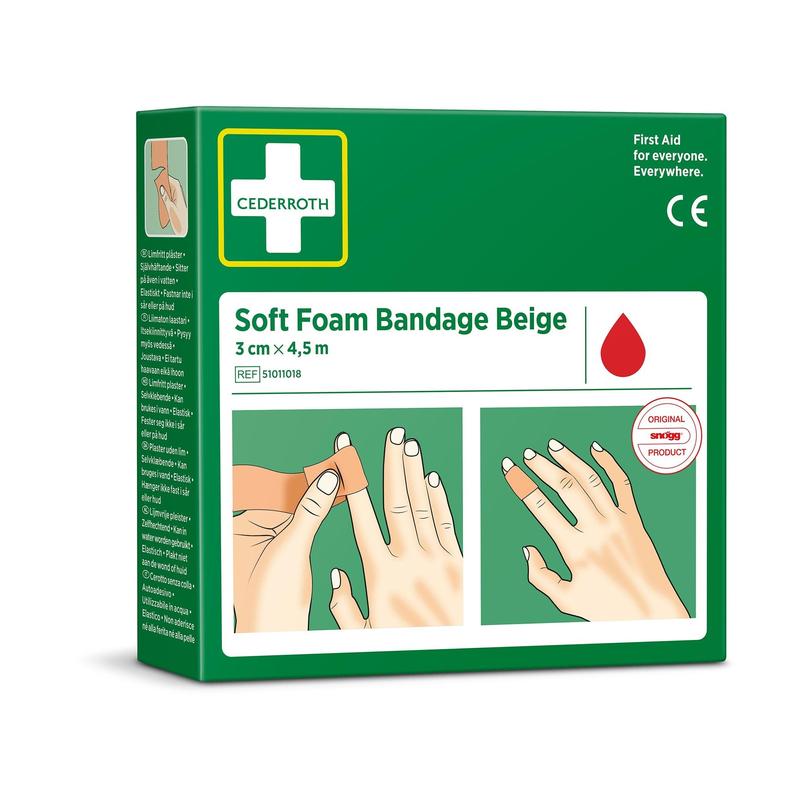 A green box from Orkla Wound Care AB Cederroth soft foam bandage beige 3x450cm (1 piece) shows an illustrated guide for finger wrapping, a white cross, and product details on the packaging.