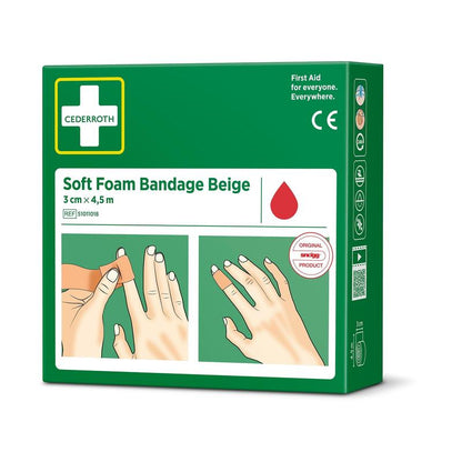A green box with the label "Cederroth soft foam bandage beige 3x450cm | Package (1 piece)" from Orkla Wound Care AB shows a white cross, the CE mark, and hand illustrations where the bandage is applied to the fingers.