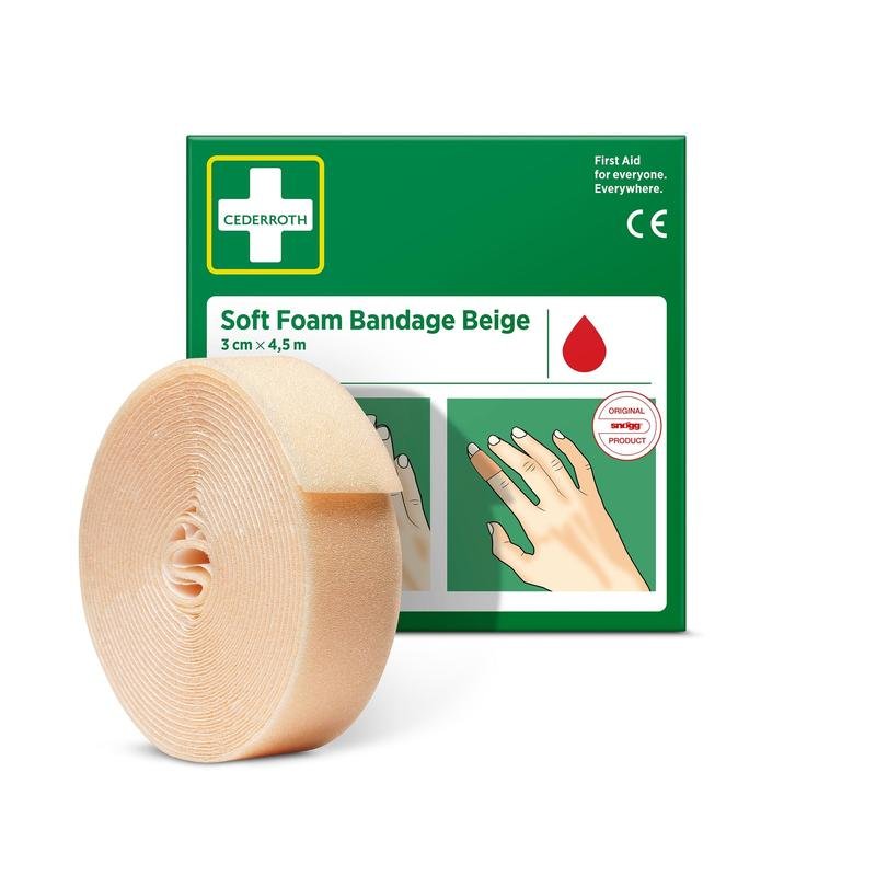A beige Cederroth soft foam bandage (3x450cm, 1 piece) from Orkla Wound Care AB stands in front of its green-white box with an illustrated user manual.