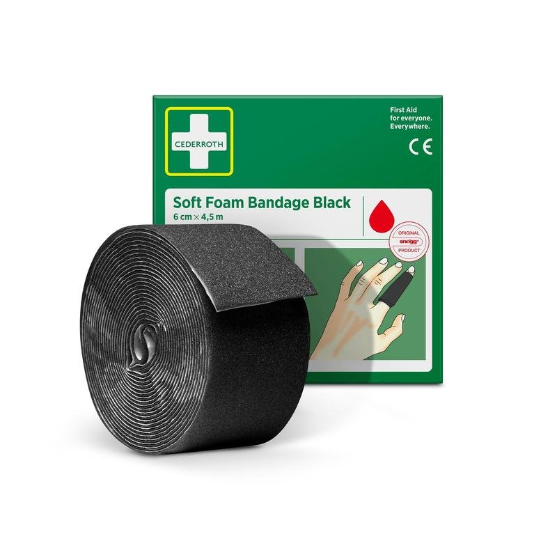 A roll of Cederroth soft foam bandage black (6 cm x 4.5 m) from Orkla Wound Care AB is displayed in front of the green-white box, which shows a hand with the black bandage wrapped around a finger.