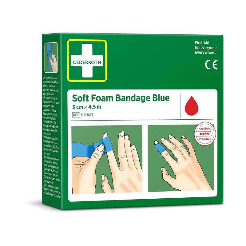 A green package of "Cederroth soft foam bandage blue 3x450cm" from Orkla Wound Care AB shows hands applying a blue bandage. The package displays a red drop symbol and indicates the size as 3 cm x 4.5 m (1 piece).
