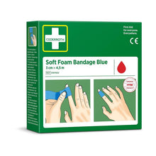 A green package of "Cederroth soft foam bandage blue 3x450cm" from Orkla Wound Care AB shows hands applying a blue bandage. The package displays a red drop symbol and indicates the size as 3 cm x 4.5 m (1 piece).