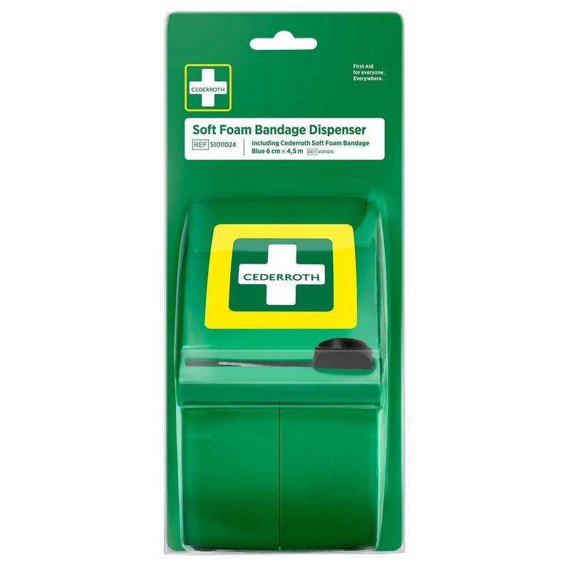 The Orkla Wound Care AB Cederroth Soft Foam Bandage Dispenser, blue (1 piece), comes in packaging featuring a white cross on a green background with clear labeling and contains a roll of blue, self-adhesive bandages for first aid treatment of injuries.