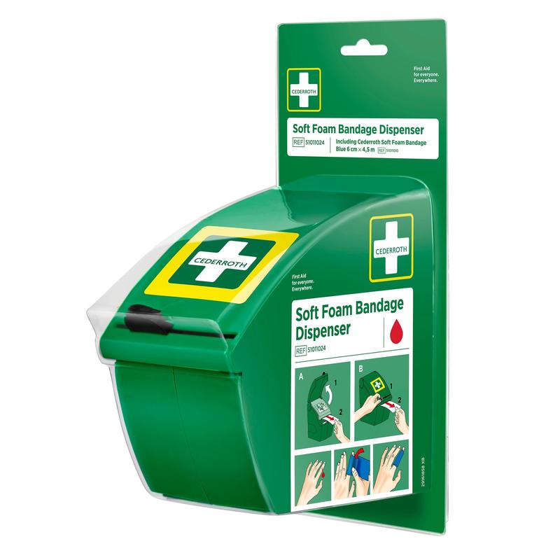 The Cederroth Soft Foam Bandage Dispenser (Blue) from Orkla Wound Care AB is a wall-mounted first-aid dispenser that holds blue self-adhesive foam rolls. The packaging includes product information, the brand logo, and illustrated instructions. Package (1 piece).