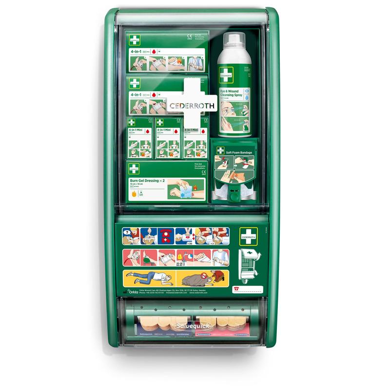The Cederroth First Aid Station by Orkla Wound Care AB is a green, wall-mounted first aid station equipped with bandages, burn gel dressings, spray bottle, wound cleaner, soft foam bandages, and an illustrated guide.