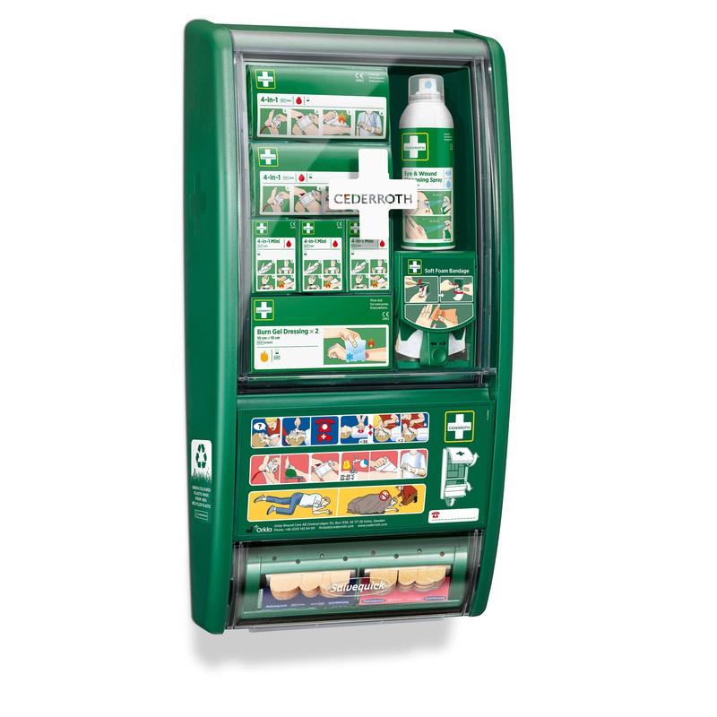 The Cederroth first aid station by Orkla Wound Care AB is a wall-mounted first aid kit (1 pack) with plasters, bandages, burn gel, a spray can, and a pictorial emergency guide.
