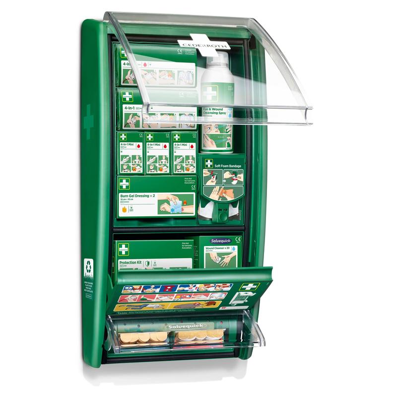 The Cederroth first aid station by Orkla Wound Care AB is a green, wall-mounted first aid kit with a transparent, open lid containing bandages, burn gel dressings, instructions, and solutions in labeled compartments. (1 pack/carton).