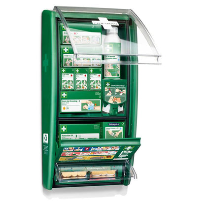 The Cederroth first aid station by Orkla Wound Care AB is a green, wall-mounted first aid kit with a transparent, open lid containing bandages, burn gel dressings, instructions, and solutions in labeled compartments. (1 pack/carton).