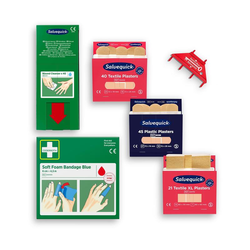 The Cederroth First Aid Refill Pack for Cederroth Wound Care Dispenser (Ref 51011006) from Orkla Wound Care AB contains various first aid materials, plasters, a soft foam bandage pack, and a red wall mount, all on a white background.