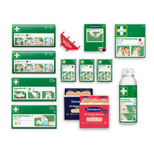Cederroth first aid kit for Cederroth first aid station ref 51011026 by Orkla Wound Care AB contains bandages, plasters, burn gel dressings, wound spray, scissors and more - ideal first aid material on a white background.