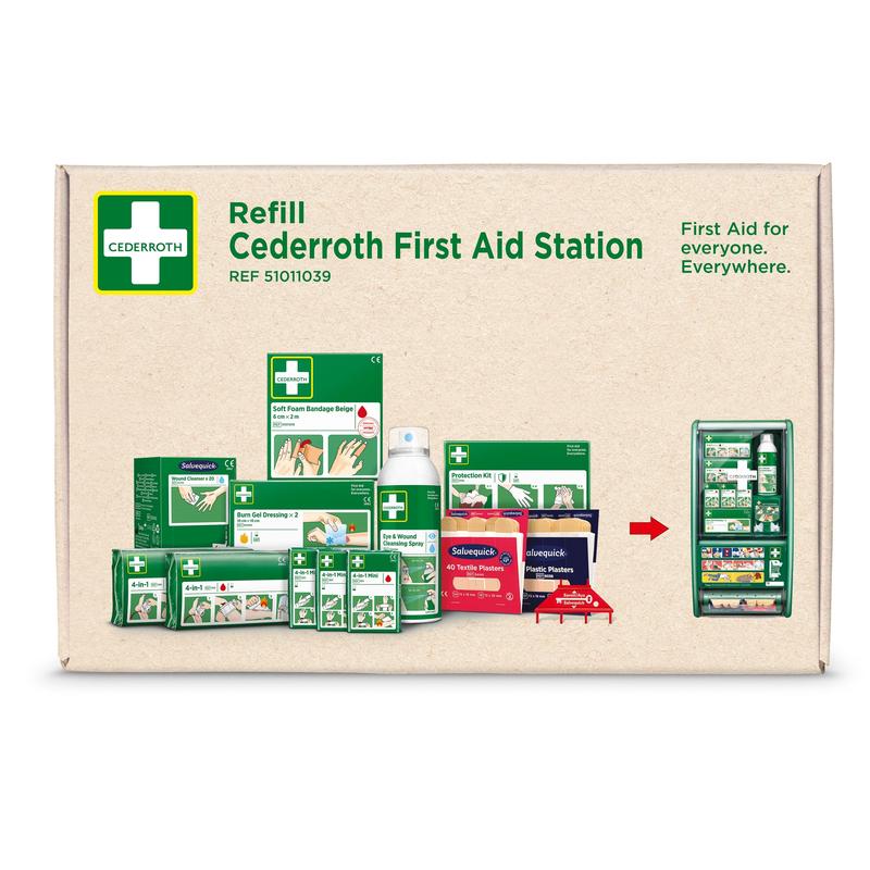 Photo of the box Cederroth first aid kit for Cederroth first aid station (51011026) by Orkla Wound Care AB with bandages, plasters, gloves and an illustration of the first aid station along with the trademark and product information.