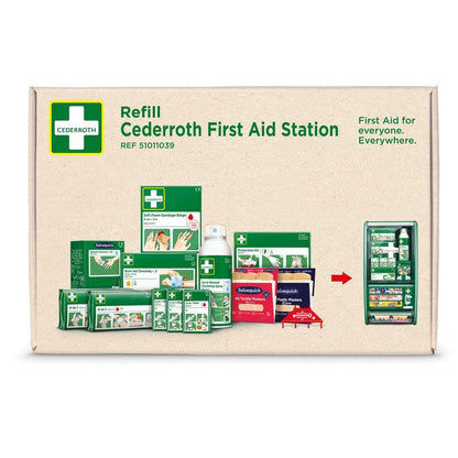Photo of the box Cederroth first aid kit for Cederroth first aid station (51011026) by Orkla Wound Care AB with bandages, plasters, gloves and an illustration of the first aid station along with the trademark and product information.
