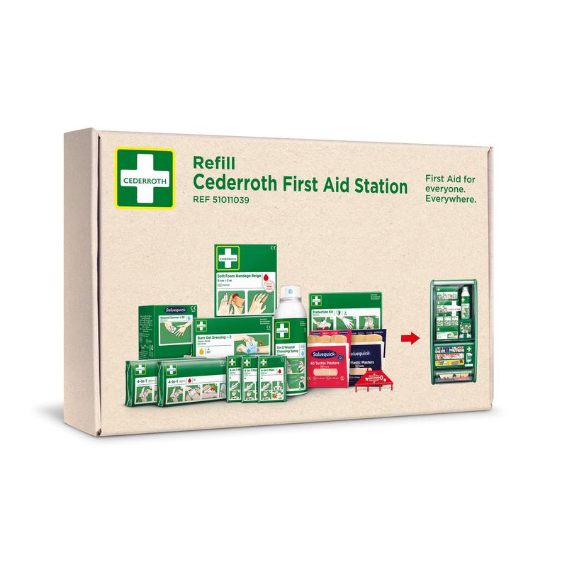A box with the label "Cederroth first aid kit for Cederroth first aid station ref 51011026" by Orkla Wound Care AB shows illustrations of first aid materials and a station with an arrow pointing to the refill.