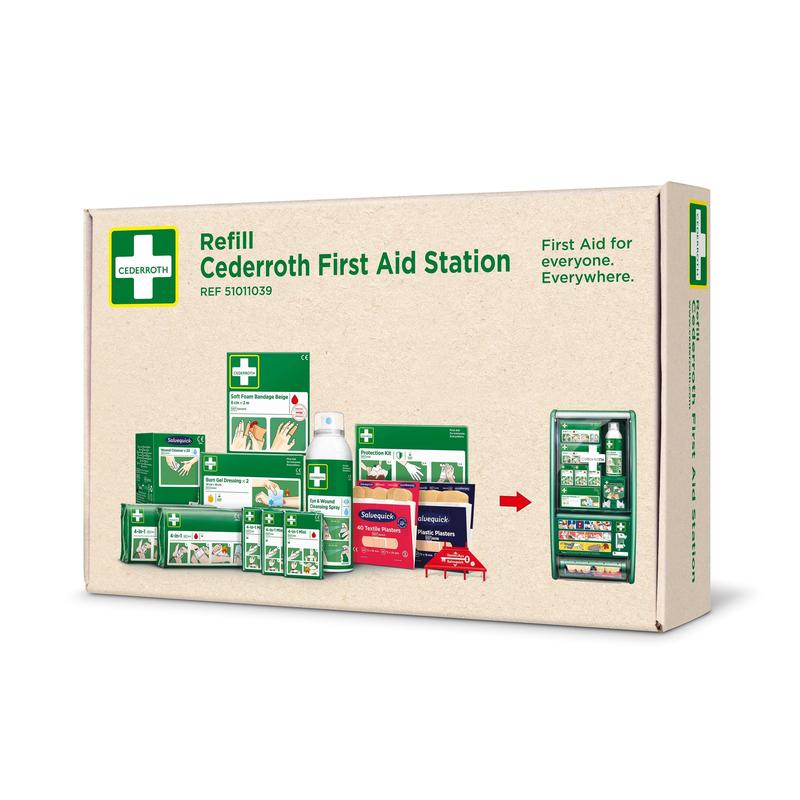 A box with the label "Cederroth first aid kit for Cederroth first aid station ref 51011026 | Box (1 pack)" by Orkla Wound Care AB shows images of first aid materials and a wall-mounted station with the text: "First aid for everyone. Everywhere."