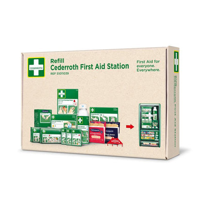 A box with the label "Cederroth first aid kit for Cederroth first aid station ref 51011026 | Box (1 pack)" by Orkla Wound Care AB shows images of first aid materials and a wall-mounted station with the text: "First aid for everyone. Everywhere."