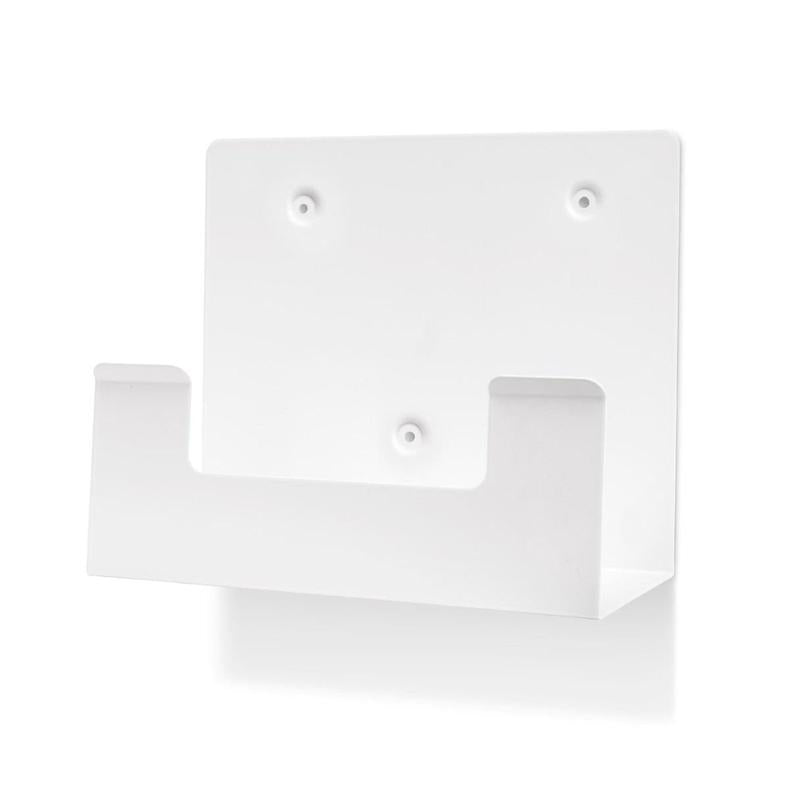 The Orkla Wound Care AB wall mount for eyewash case REF 51011042 (1 piece) is a wall mount made of white metal with a flat back plate, four screw holes, and two shelf holders - minimalist design for optimal eye protection in the workplace.