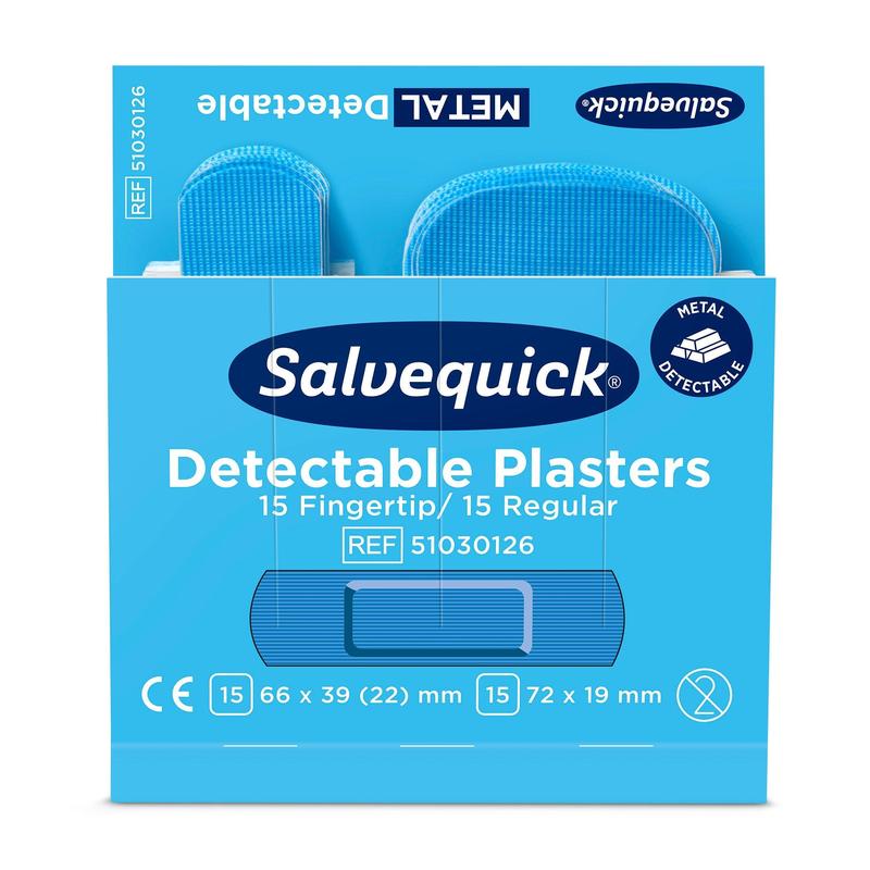 A blue box from Orkla Wound Care AB, "fingertip/normal blue detectable, 30 pieces/mine", contains 15 fingertip and 15 normal plasters. Metal detectable and ideal for use in the food industry. Pack (6 pieces).