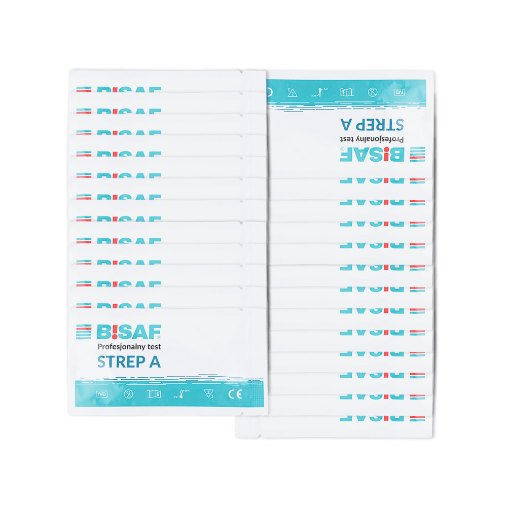 An opened box of Altruan Strep A - Bisaf Professional 25 Tests (pack of 25) contains individually wrapped test kits in blue and white, neatly arranged—perfect for Group A streptococcal detection via throat swab.