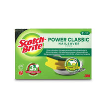 A box of Scotch-Brite® Classic Grip Sponge (2 pieces per pack) from 3M Deutschland GmbH, with two yellow-green sponges, visible branding, key cleaning performance features, and text in Spanish, Portuguese, and German on a white background.