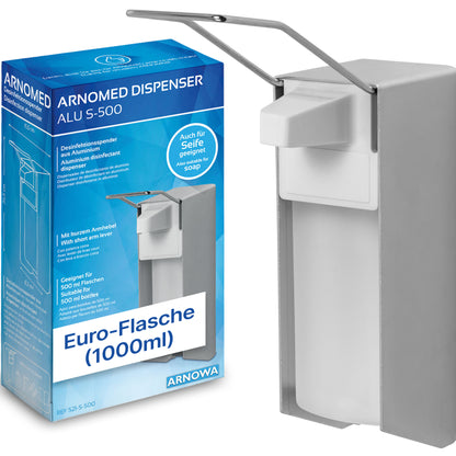 A hygienic soap and disinfectant dispenser made of aluminum by ARNOWA GmbH, shown next to its blue-white packaging with product details in German. Model: ARNOMED DISPENSER, suitable for Euro bottles (1000 ml).